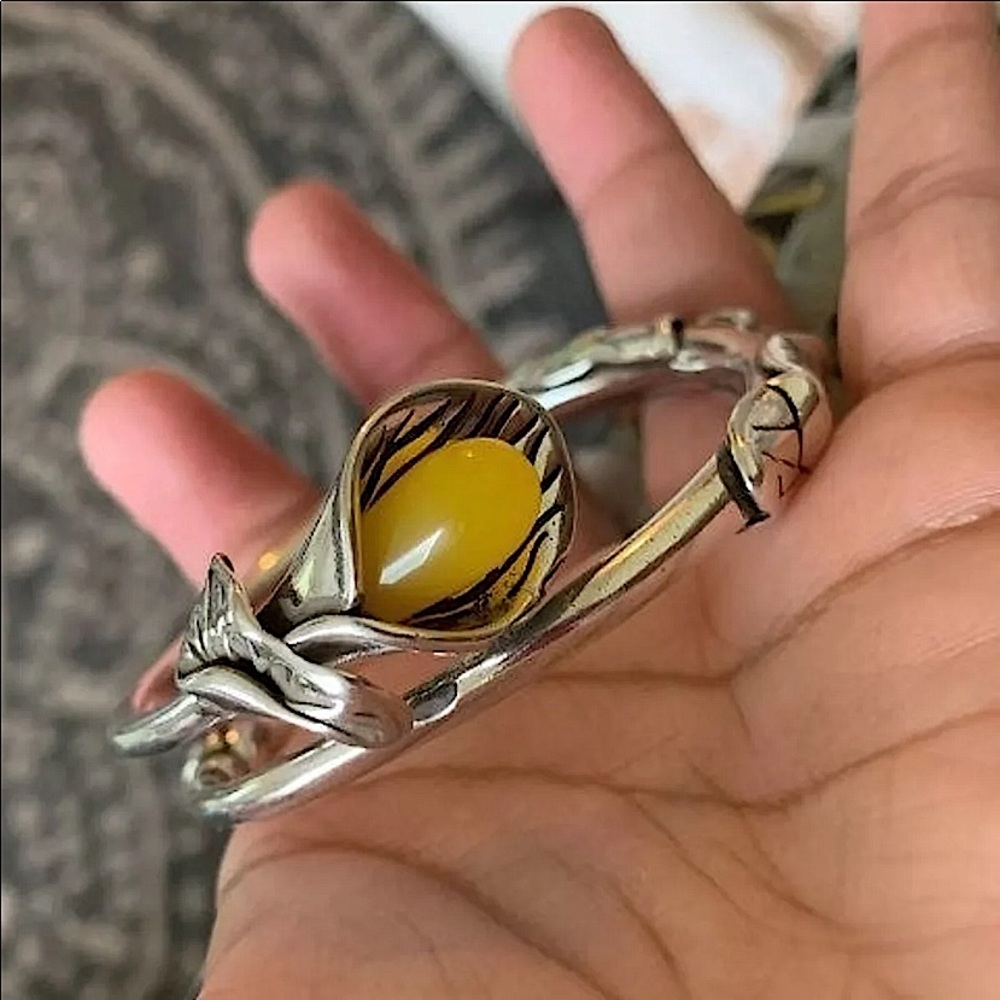 STERLING SILVER HANDMADE VINTAGE JADE FLOWER BANGLE BRACELET - Picture 10 of 13